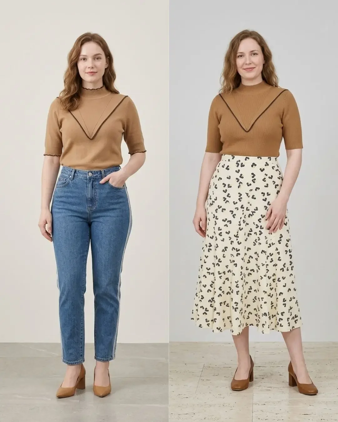 Two pear body shape outfits side by side, a camel knit sweater with straight-leg blue jeans and the same sweater with a cream printed midi skirt