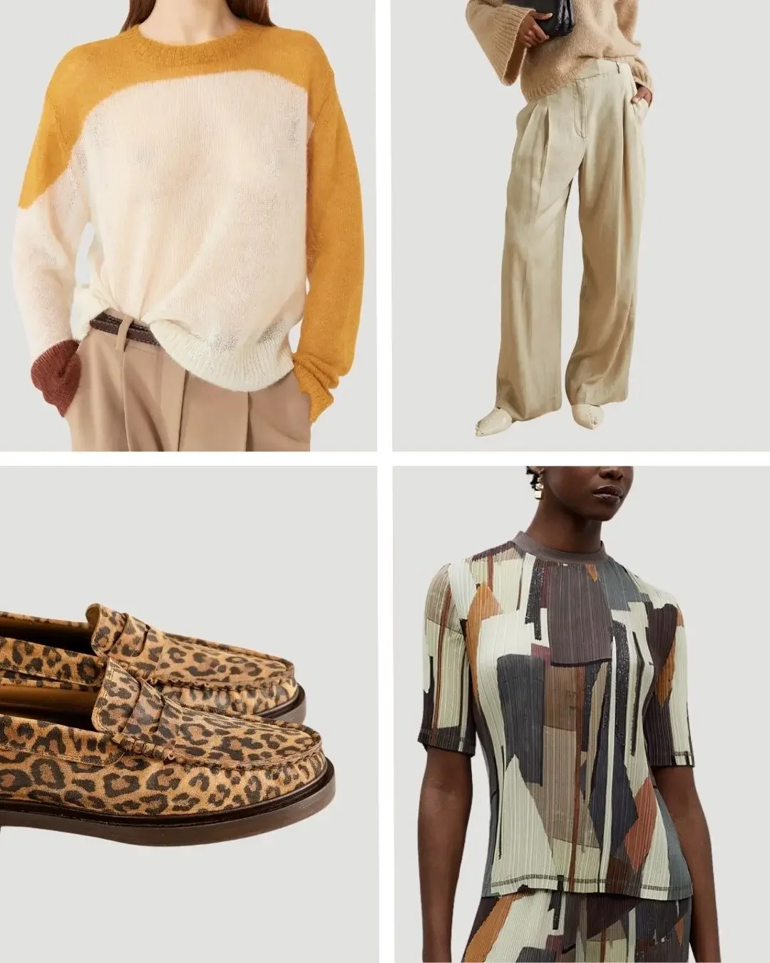Smart casual capsule wardrobe accents featuring a saffron and cream knit, light trousers, leopard loafers, and an abstract print top.