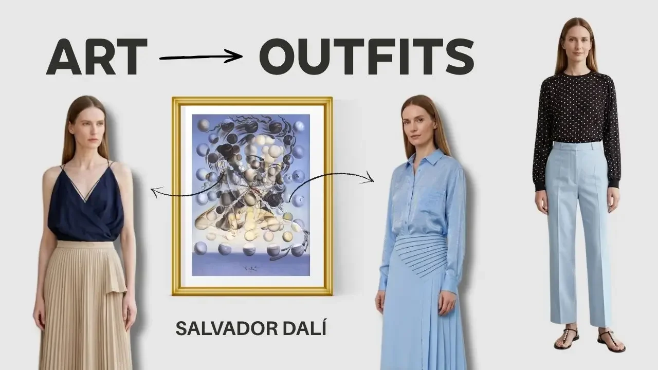 Salvador Dalí's Galatea of the Spheres painting alongside three outfits from the Wonder Wardrobe spring capsule wardrobe 2026.