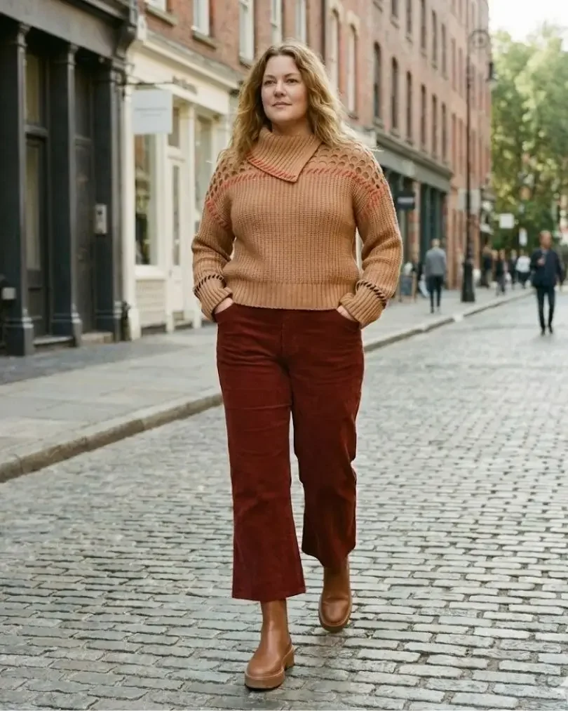A fall–winter outfit with a camel knit sweater, rust corduroy trousers, and tan boots in earth tones.