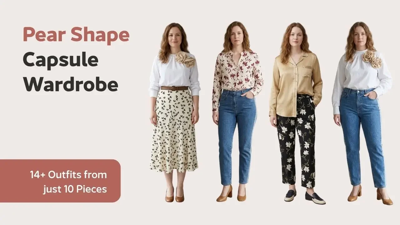 Pear body shape capsule wardrobe featuring 10 pieces styled into 13 outfit formulas