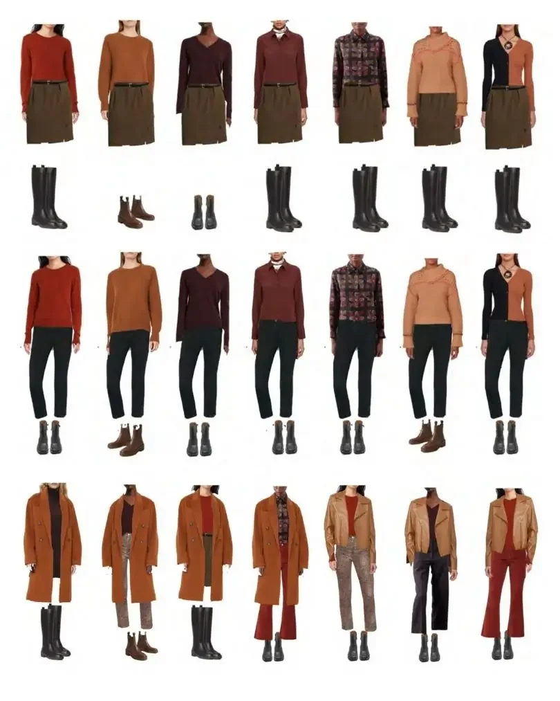 A fall–winter lookbook showing multiple outfits with trousers, sweaters, boots, and warm outerwear in earth tones.