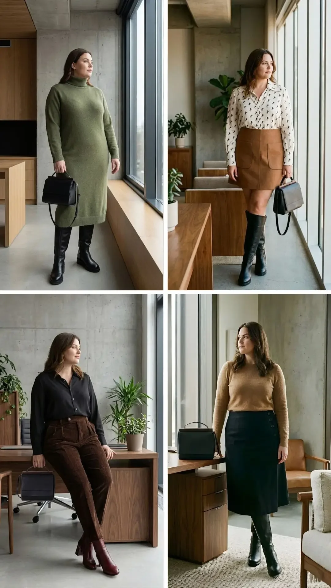 Plus-size model wearing four business-casual outfits from the classic Autumn winter capsule wardrobe, including knit dress, blouse with skirt, black shirt with trousers, and camel sweater with skirt.