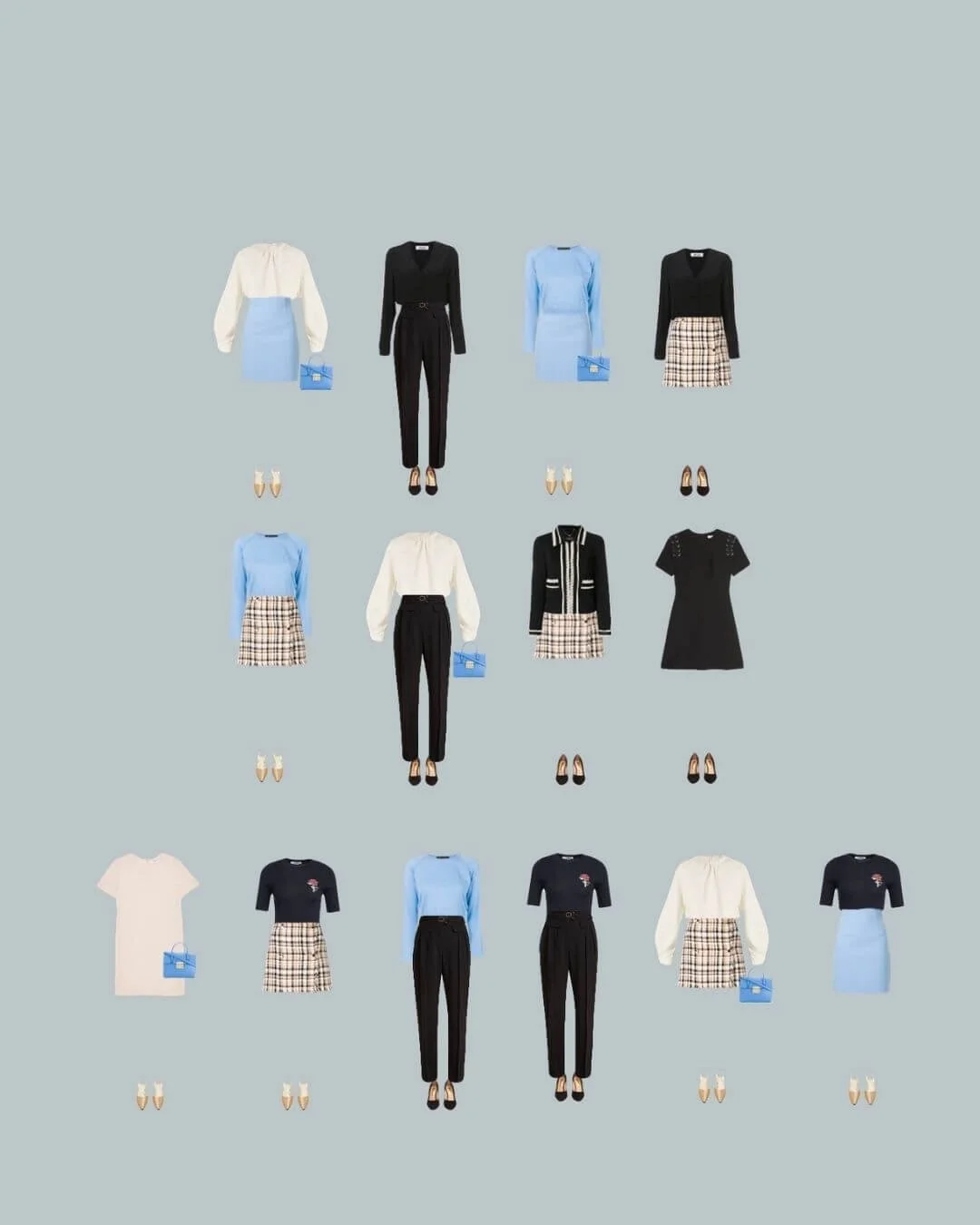 14 interchangeable outfits created from 10 petite capsule wardrobe pieces — each combination uses proportions-based colour matching for women under 160 cm