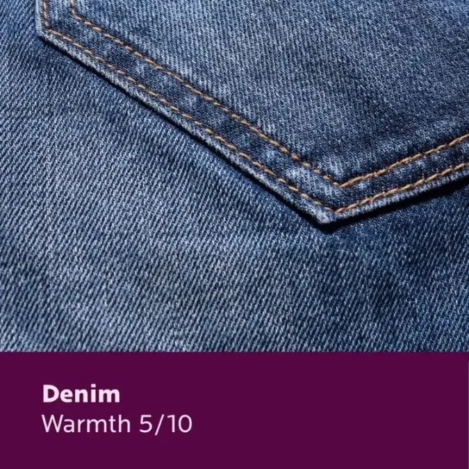 Denim warmth rating showing medium insulation because of its dense twill weave.