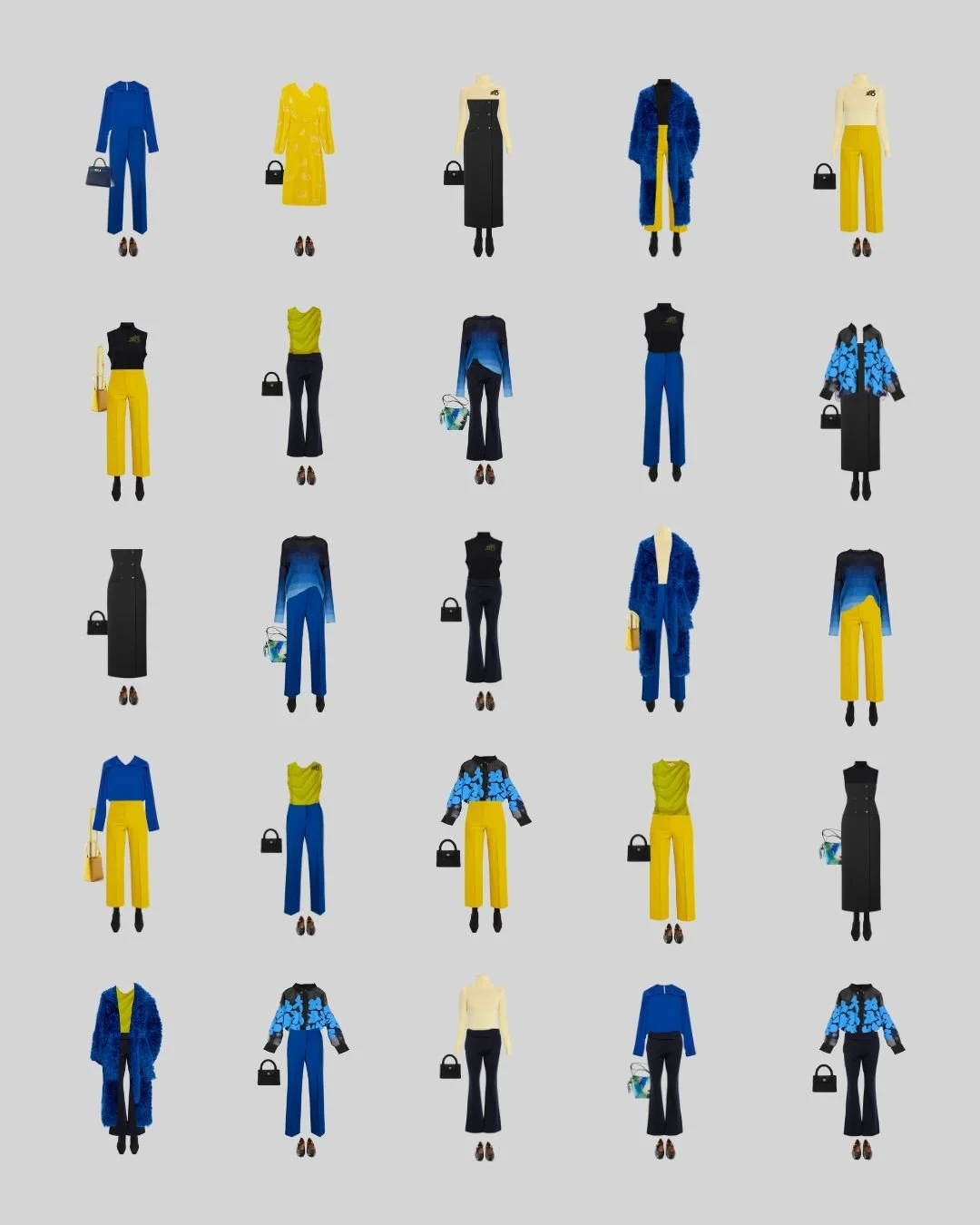 Outfit grid from a Starry Night inspired capsule wardrobe featuring cobalt blue, yellow, and black looks with interchangeable shoes and handbags.