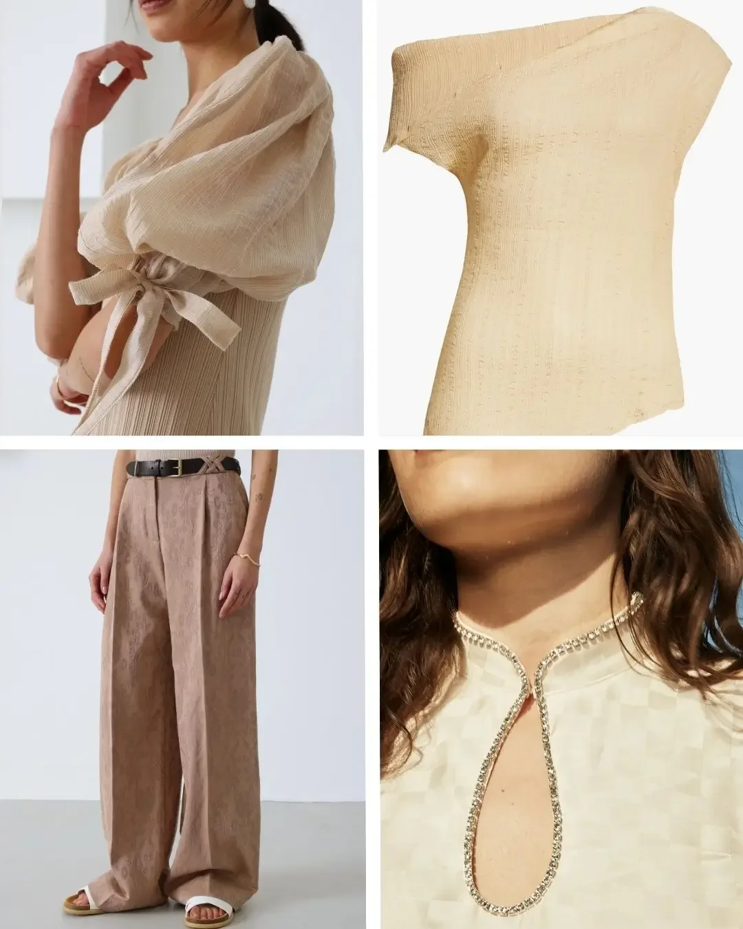 Neutral summer capsule outfit details featuring a puff-sleeve dress, a gold-toned knit top, patterned wide-leg trousers, and crystal-trim neckline detailing.