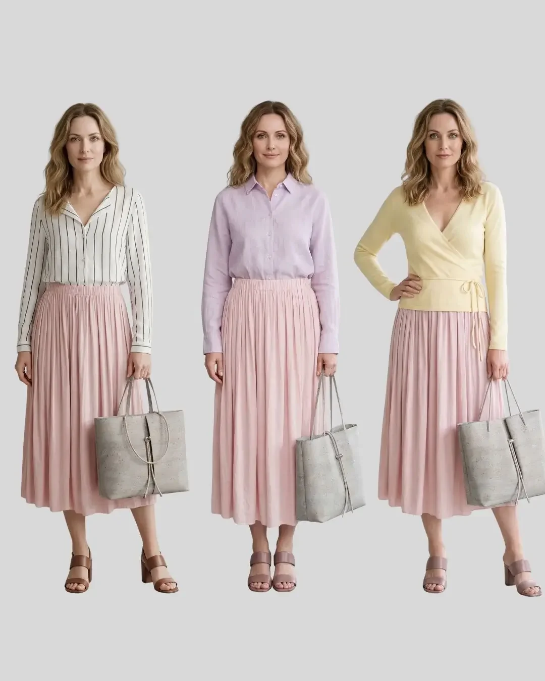 How a capsule wardrobe works: one pink skirt styled three ways with a striped shirt, lilac button-up, and yellow wrap top