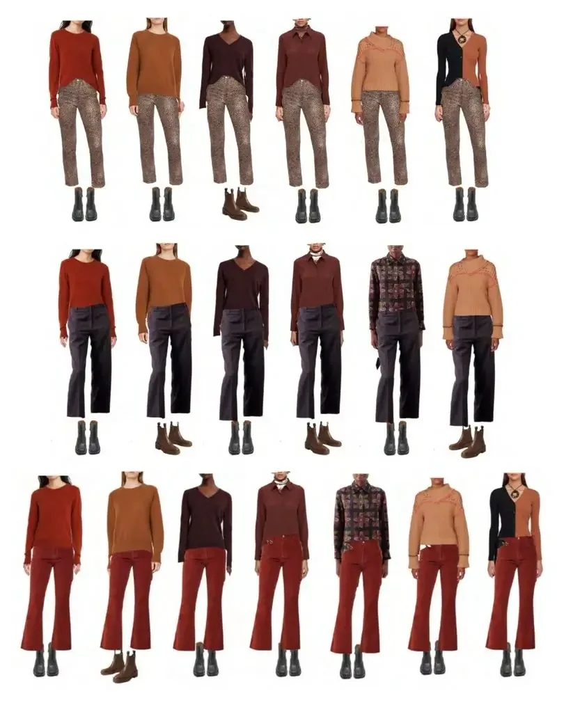 A grid of fall–winter outfits showing earth-tone tops styled with leopard trousers and boots.