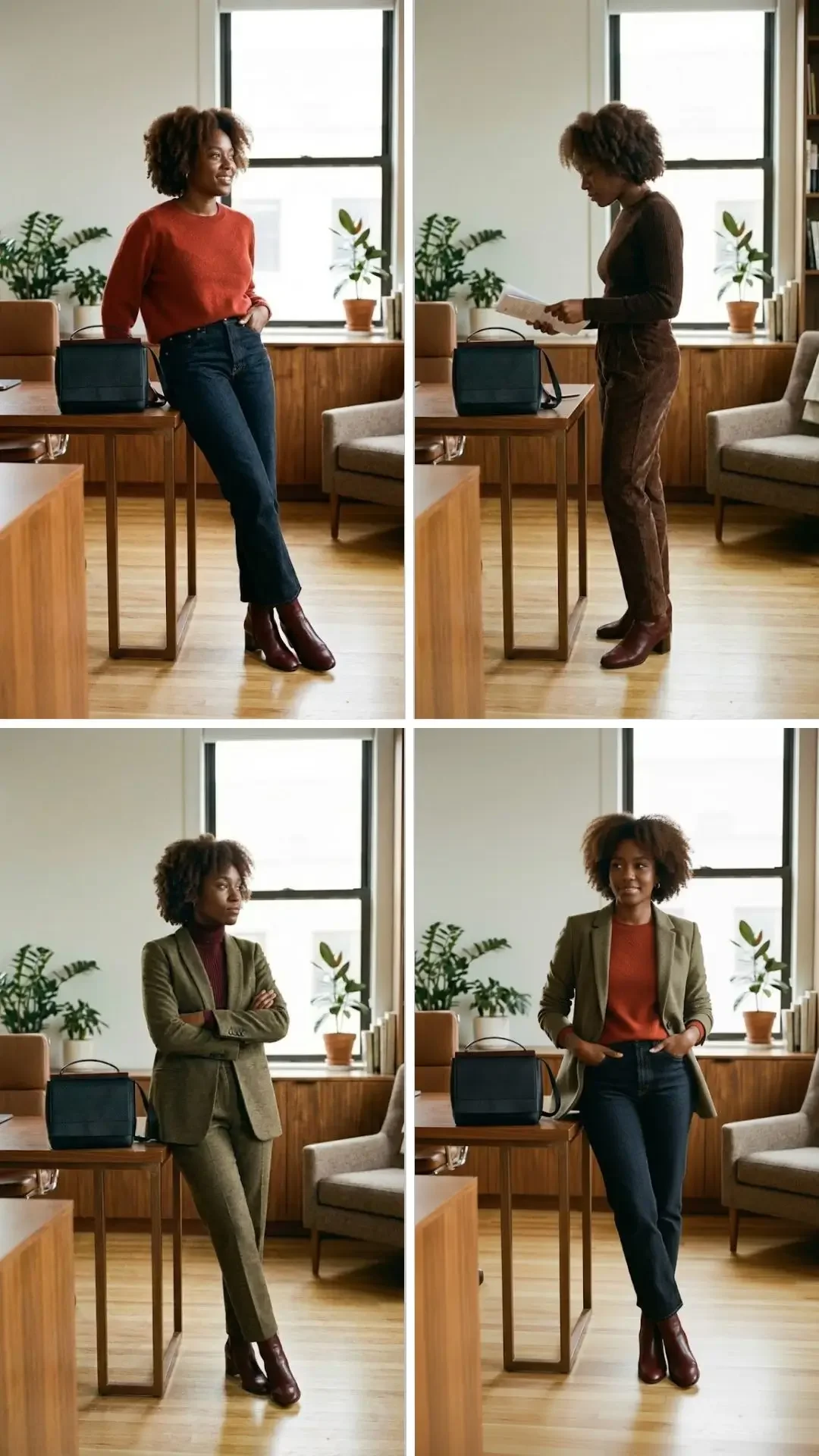 Black model wearing four outfits from the classic Autumn winter capsule wardrobe, including sweaters, corduroy trousers, a burgundy turtleneck, and an olive suit.