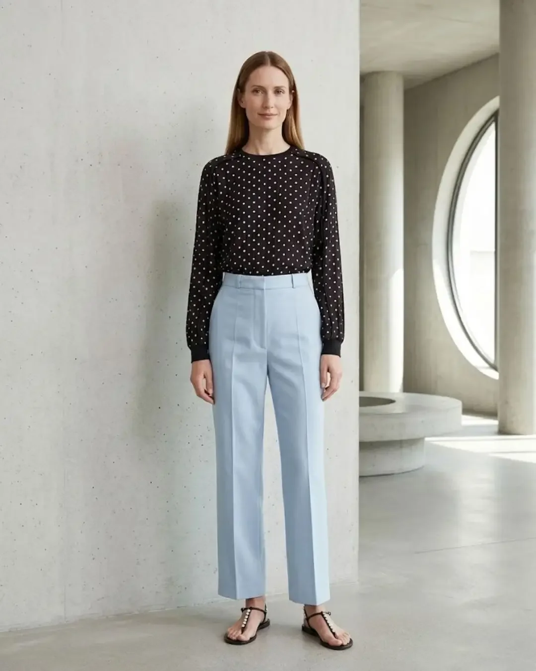 Black polka dot blouse and light blue cropped pants with pearl sandals — polka dot outfit ideas from the Wonder Wardrobe spring capsule wardrobe 2026.