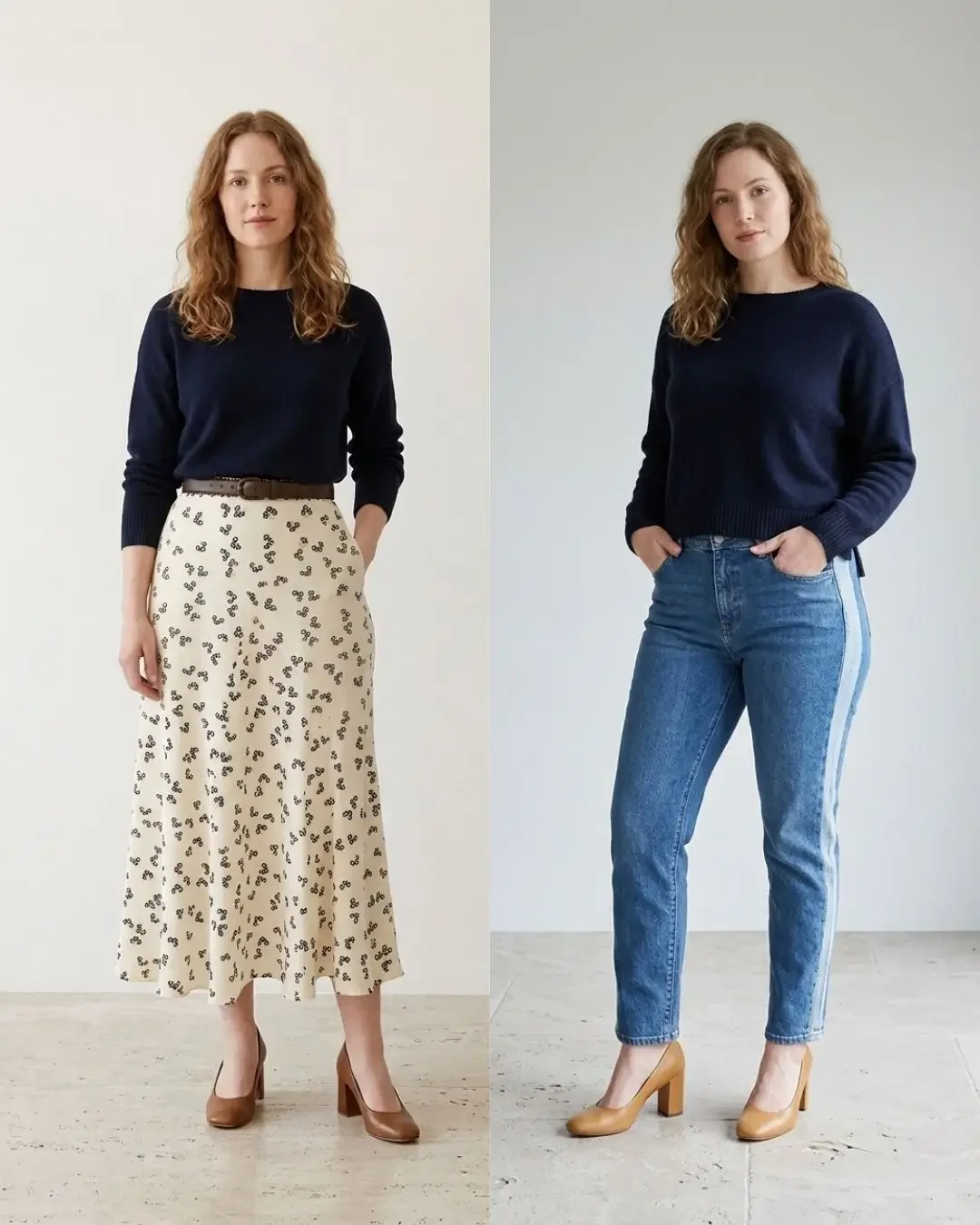 Two pear body shape outfits side by side, a navy cropped knit with a cream printed midi skirt and the same knit with straight-leg blue jeans