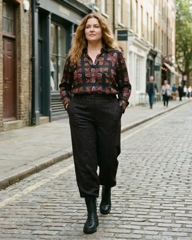 A fall–winter outfit with a patterned shirt, dark trousers, and black lace-up boots.