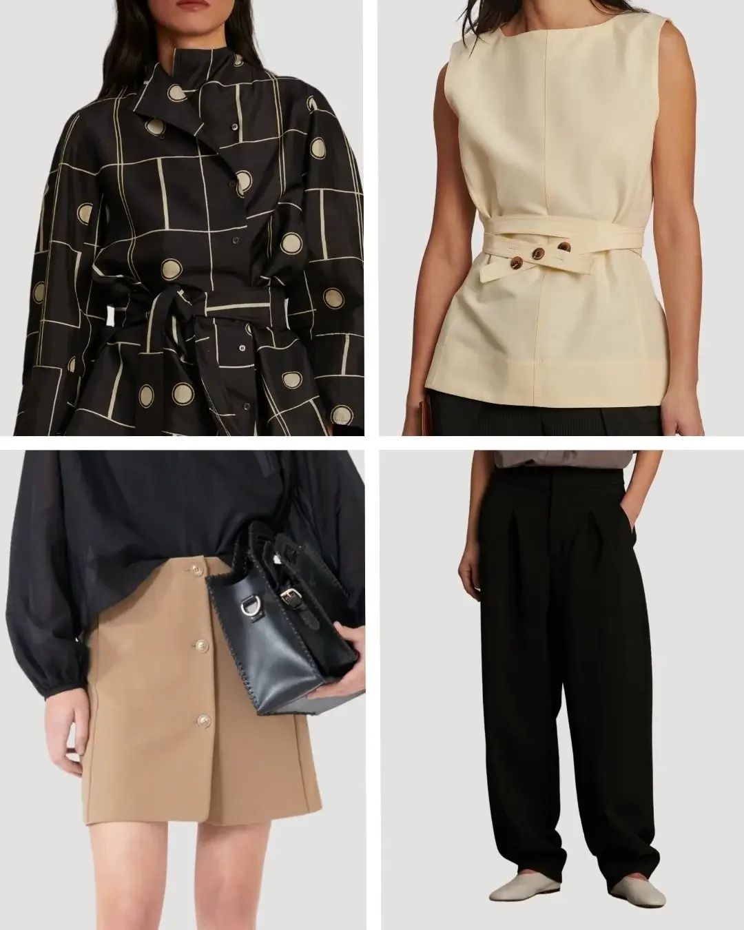 Smart casual capsule wardrobe key pieces in camel, cream, and black, including a grid print blouse, cream belted top, camel mini skirt, and black tailored trousers.