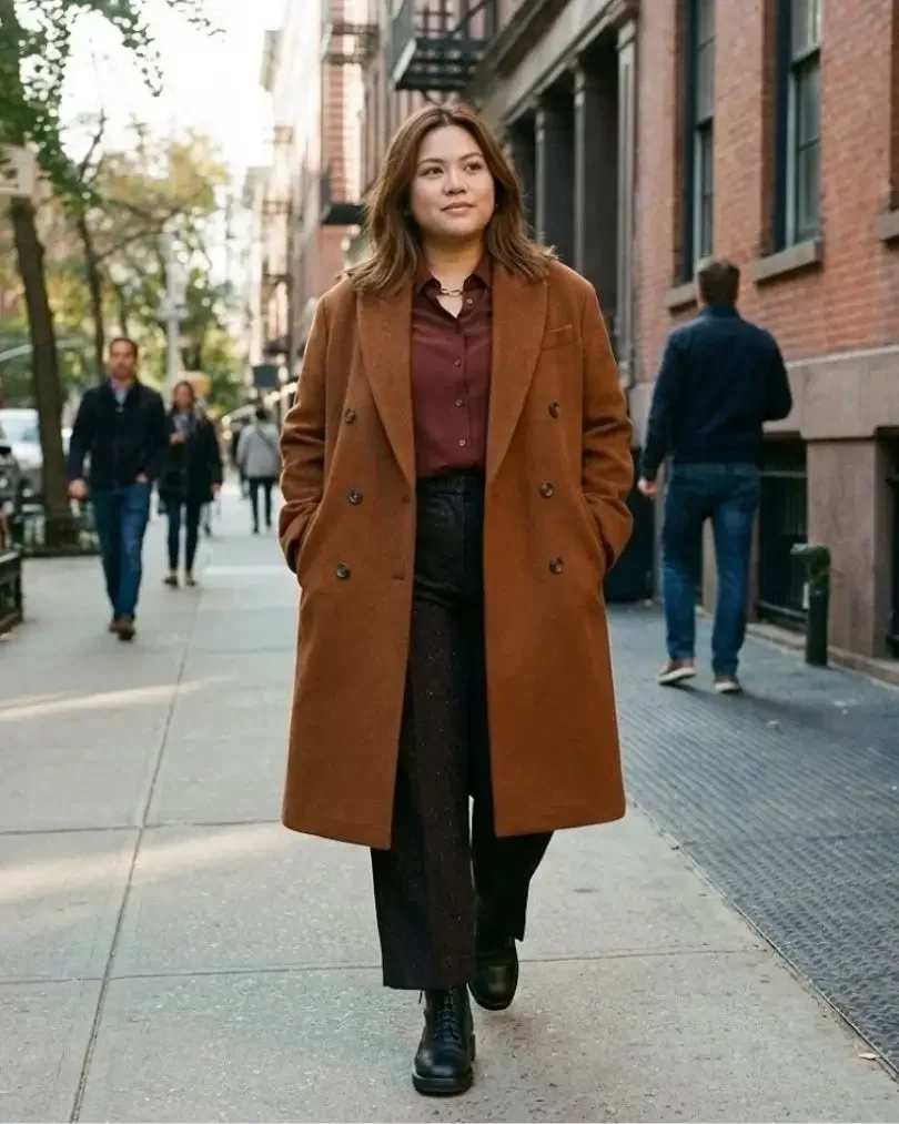 A fall–winter outfit featuring a wool coat, burgundy shirt, black trousers, and black boots.