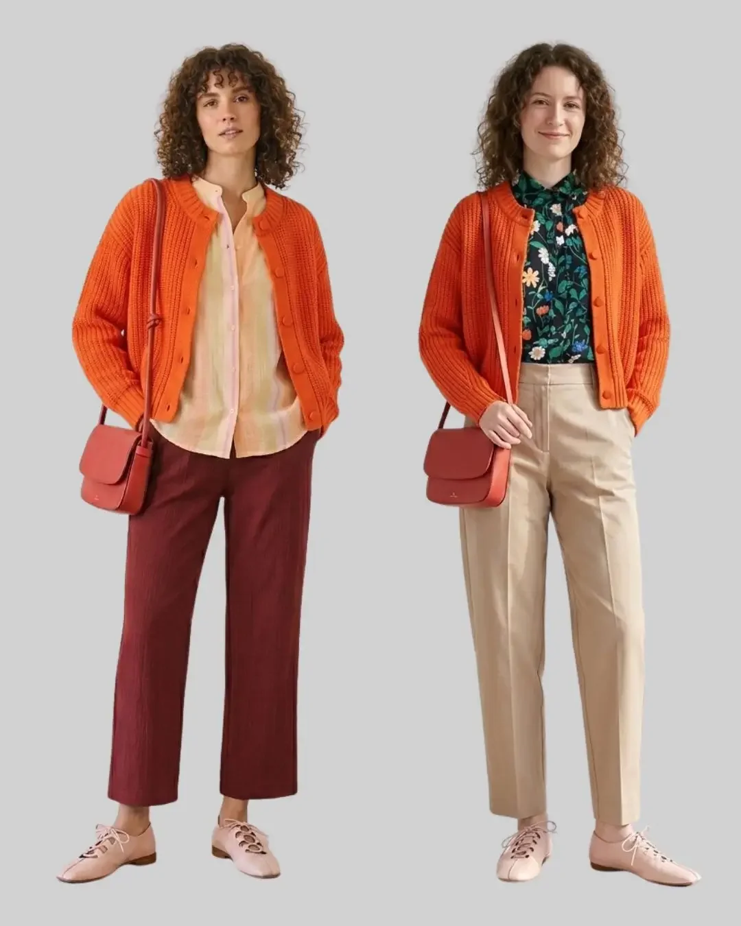 Two more spring outfit ideas layered with an orange chunky cardigan — over a striped blouse with burgundy trousers, and a navy floral shirt with camel trousers.