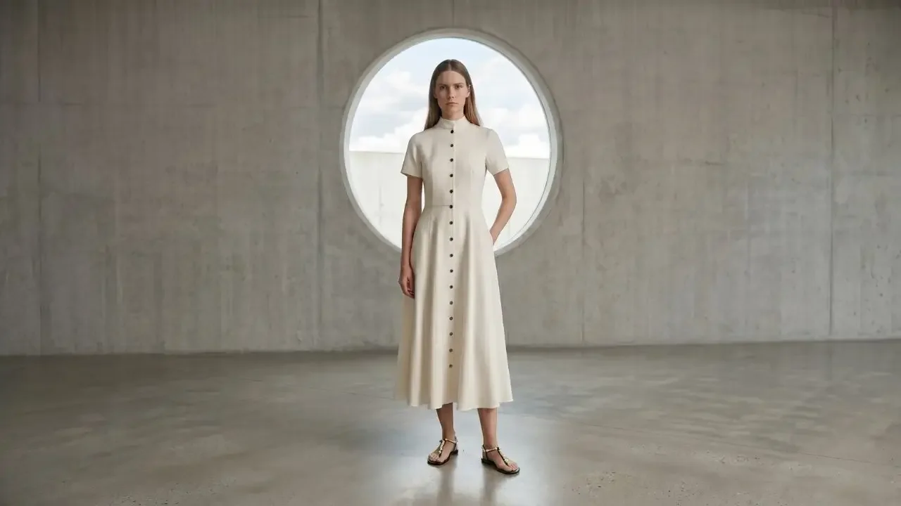 Cream midi shirt dress with black round buttons framed by a circular architectural portal — the portrait piece of the Dalí spring capsule wardrobe 2026.