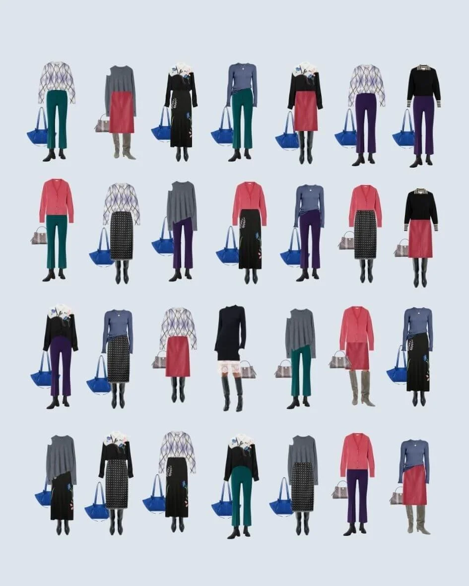 Grid of 31 capsule wardrobe outfit ideas featuring a floral blouse, colour-led styling, skirts and trousers, and interchangeable bags and boots.