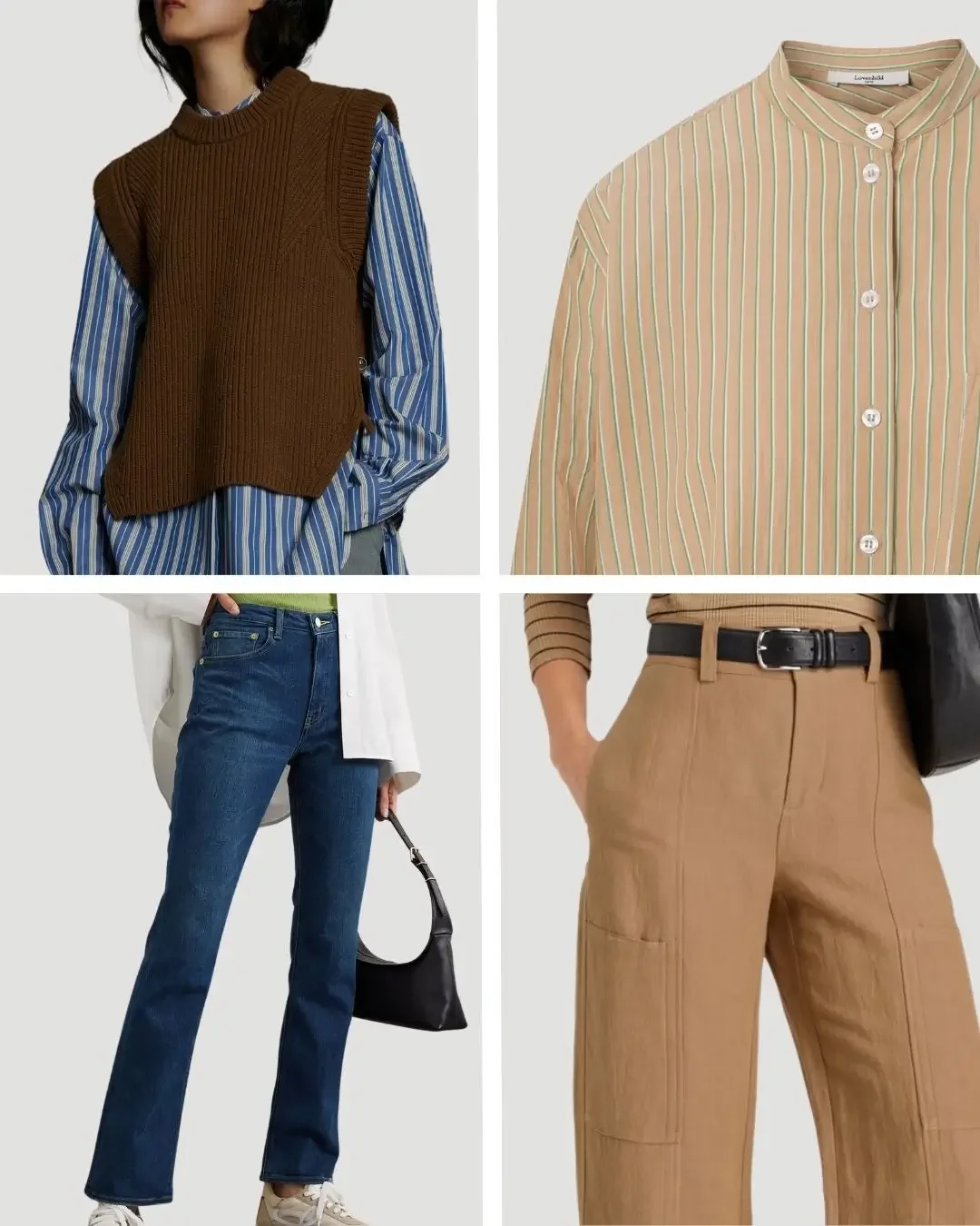 Smart casual capsule wardrobe layering pieces including a brown knit vest over a striped shirt, a striped button-up, straight-leg jeans, and camel tailored trousers.