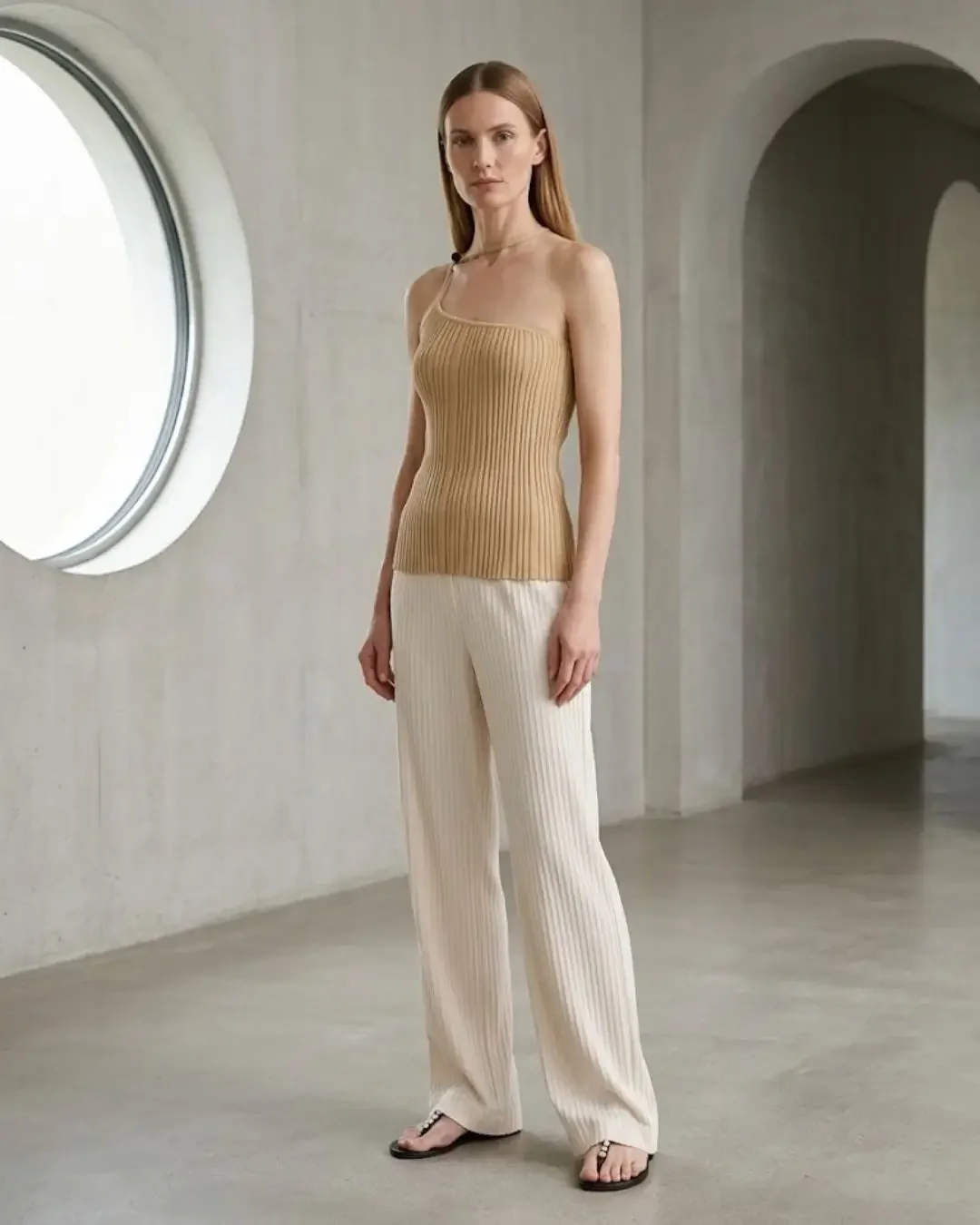 One-shouldered beige ribbed knit with cream pleated wide-leg pants — warm tones of the spring capsule wardrobe 2026.