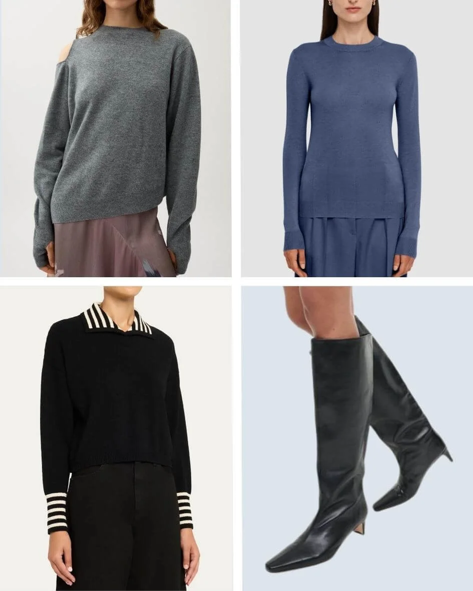 Elevated basics for a capsule wardrobe including a grey cut-out sweater, blue knit top, black knit with striped collar, and black knee-high boots.