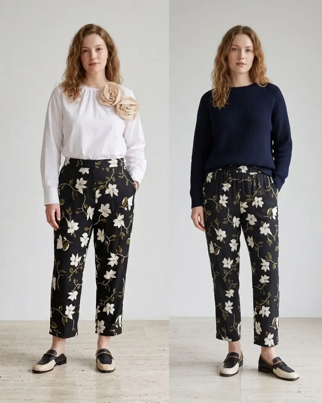 Two pear body shape outfits side by side, a cream blouse with flower brooch styled with floral print trousers and a navy cropped knit styled with the same floral trousers