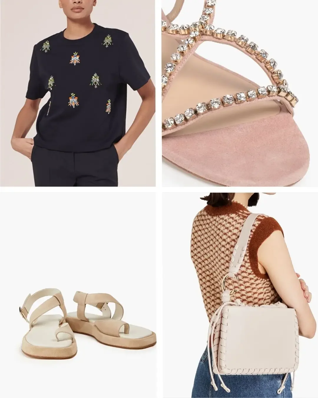 Luxury capsule wardrobe accessories including a black embellished top, rhinestone strap sandal detail, minimal beige sandals, and an ivory woven crossbody bag.