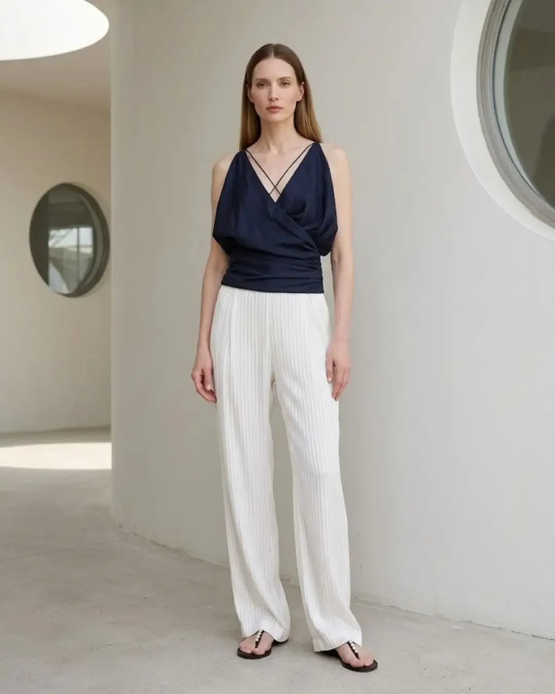 Navy cami top with white striped wide-leg pants and pearl sandals — Wonder Wardrobe spring capsule wardrobe 2026 styling.