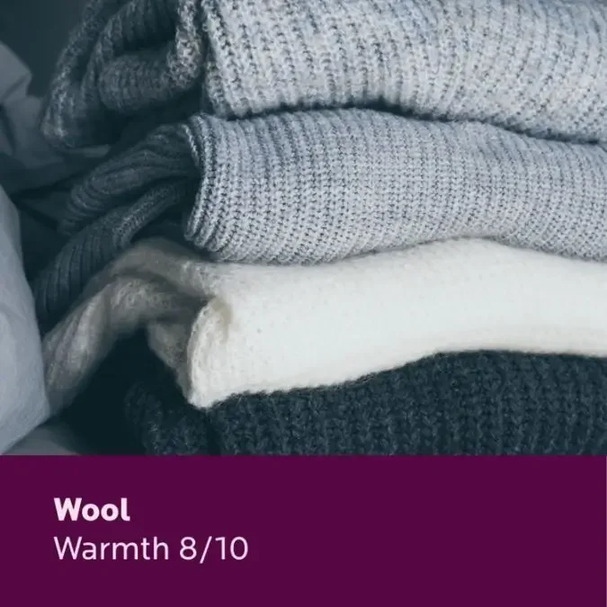 Wool warmth rating showing strong insulation and moisture-regulating properties.