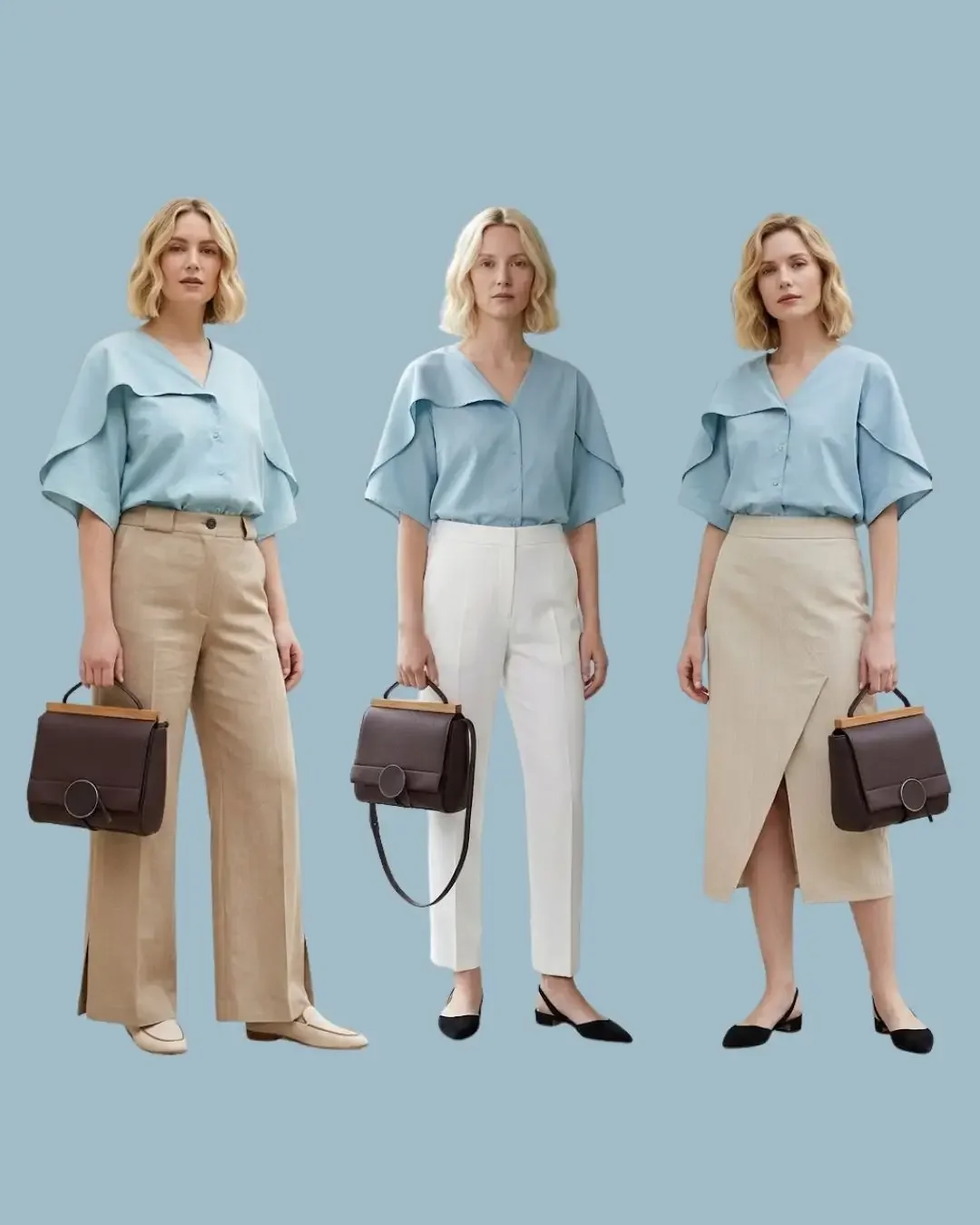Summer business casual blue flutter-sleeve blouse styled three ways with trousers and midi skirt