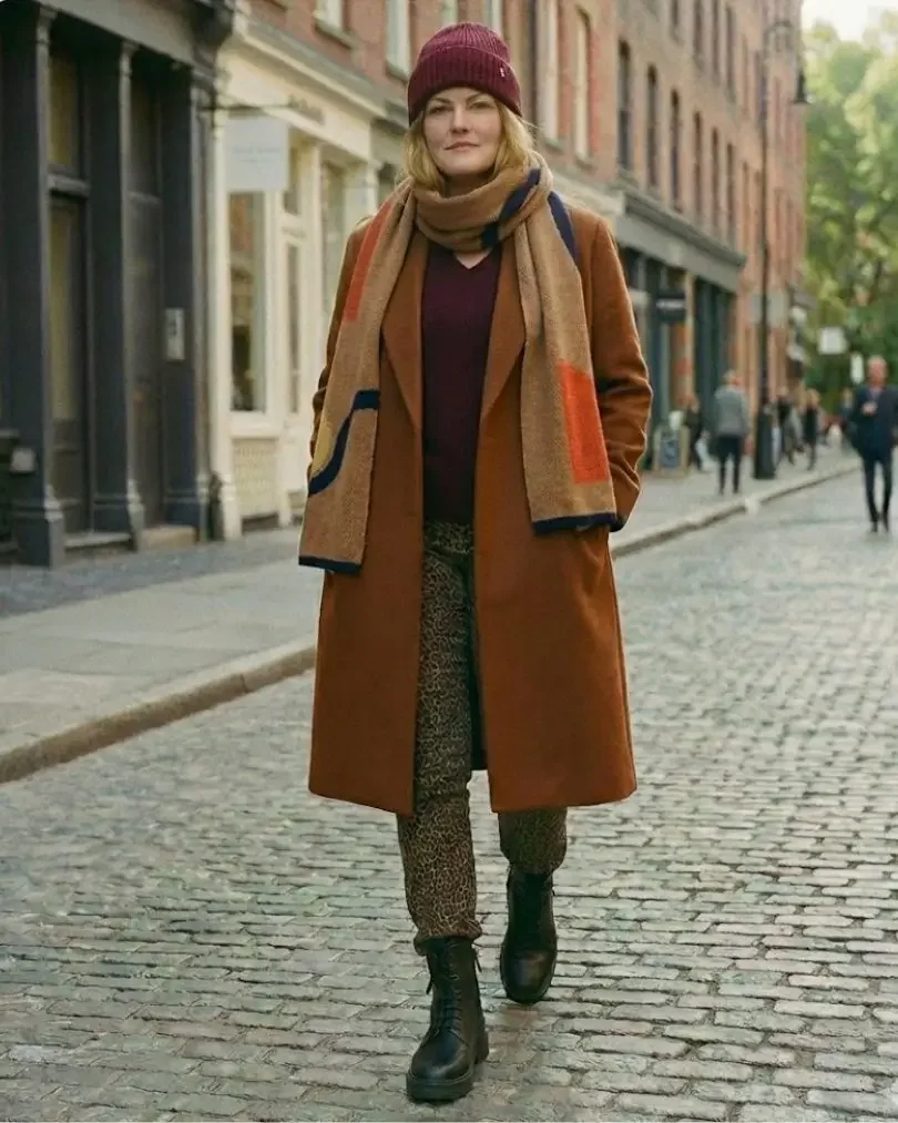 A fall outfit with a wool coat, maroon top, patterned scarf, and leopard trousers.