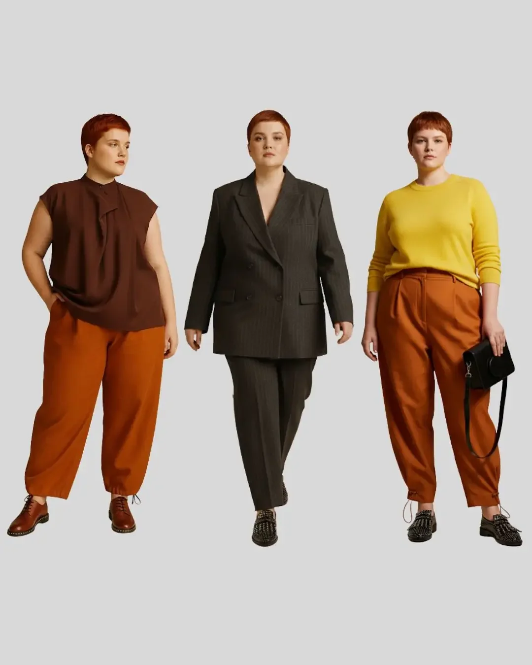 Plus-size capsule wardrobe in a warm autumn palette — brown top with terracotta pants, grey pinstripe suit, and yellow sweater with terracotta pants