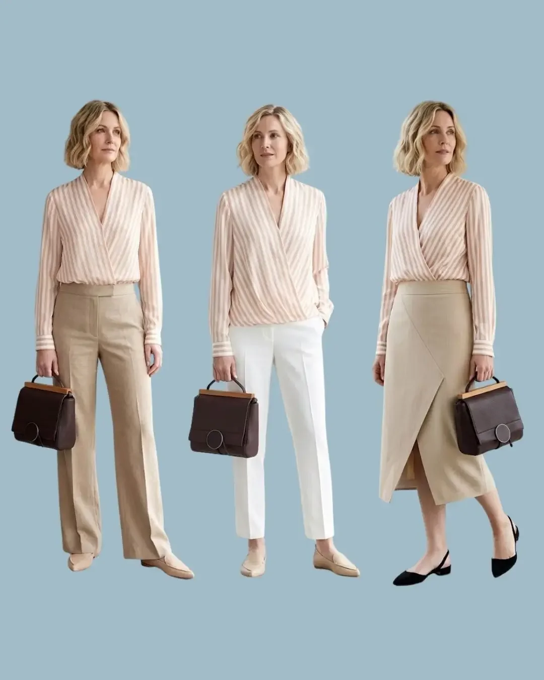 Business casual summer outfits with striped wrap blouse paired with trousers and wrap skirt