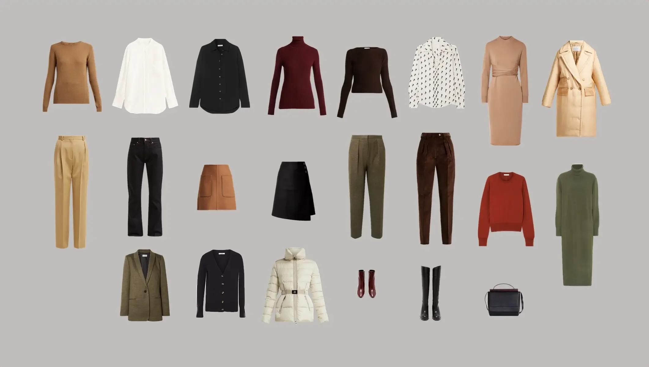A layout of all clothing items in the classic autumn winter capsule wardrobe, including tops, bottoms, dresses, outerwear, shoes, and bag in warm Autumn colours.
