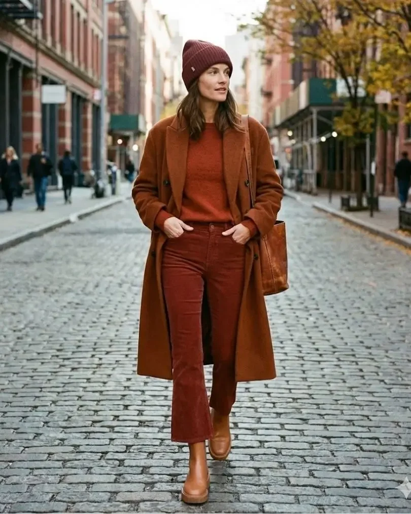 A monochrome rust fall–winter outfit with a wool coat, sweater, and corduroy trousers.