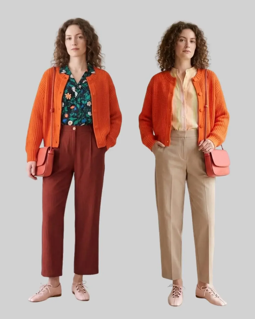 Two spring outfit ideas with an orange chunky cardigan — layered over a navy floral shirt with burgundy trousers, and over a striped blouse with camel trousers.