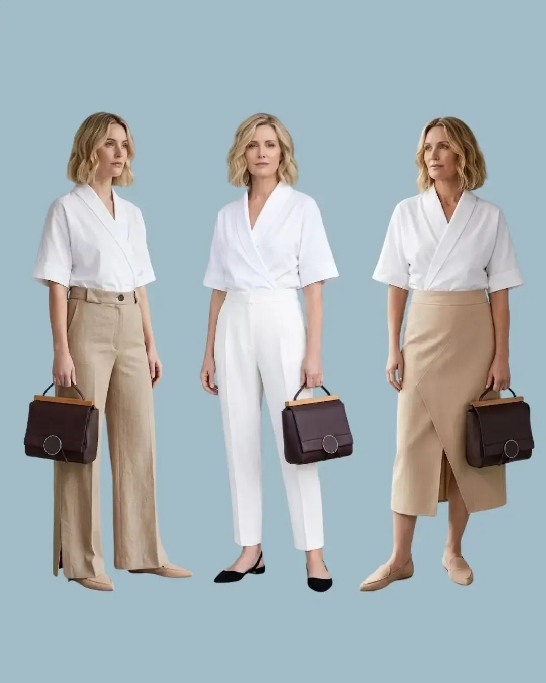 Summer business casual for women: white wrap top with neutral trousers, ankle pants, and skirt