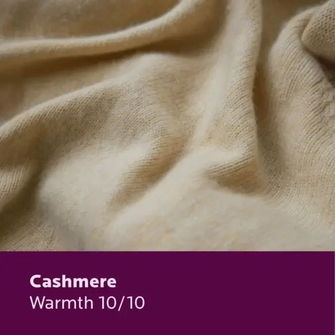 Cashmere warmth rating demonstrating maximum insulation with a light, soft fibre. Caption: