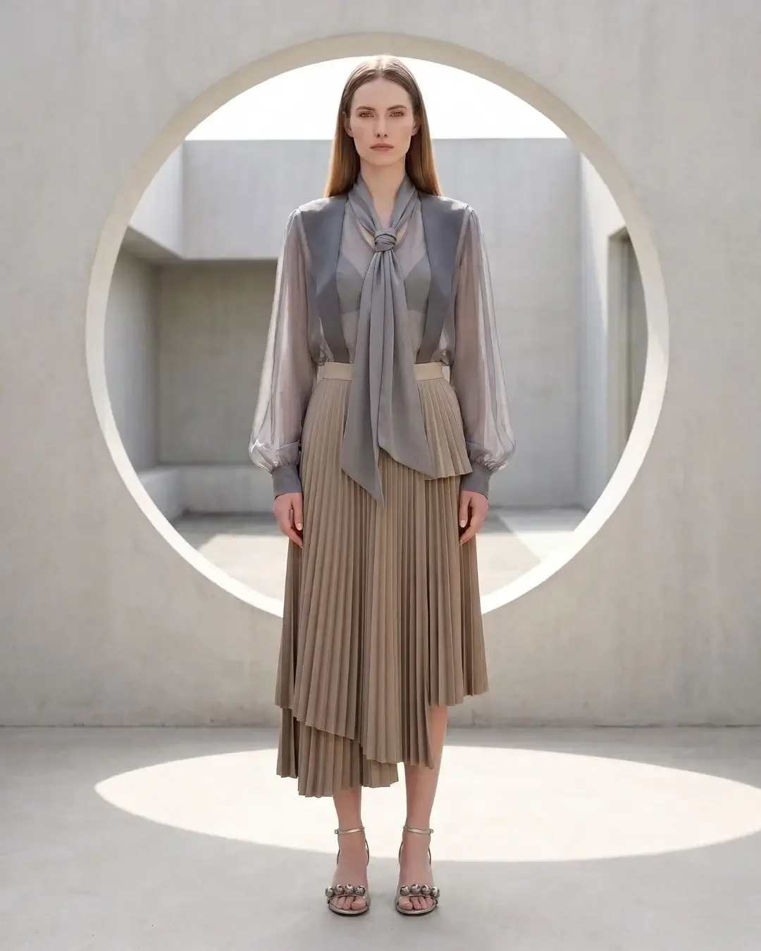 Wonder Wardrobe spring capsule wardrobe 2026 photographed in a circular architectural portal — sheer grey blouse and beige pleated skirt.