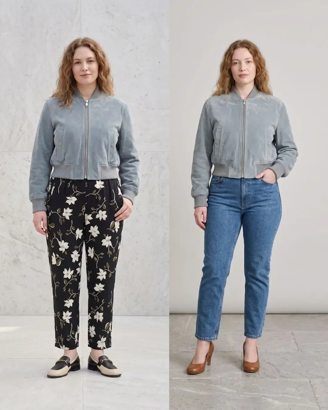 Two pear body shape outfits side by side, a light blue bomber jacket layered over floral print trousers and the same bomber layered over straight-leg blue jeans