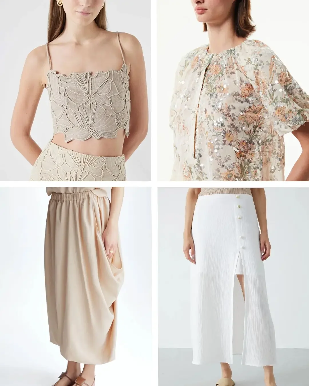 Summer capsule wardrobe texture story with lace embroidery, a sheer sequin floral top, a draped sand skirt, and a white button-front midi skirt.