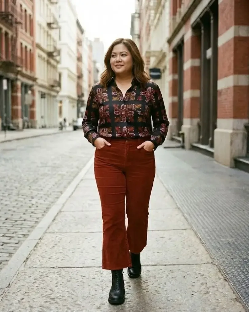 A fall outfit with a patterned shirt and rust corduroy trousers styled with black boots.