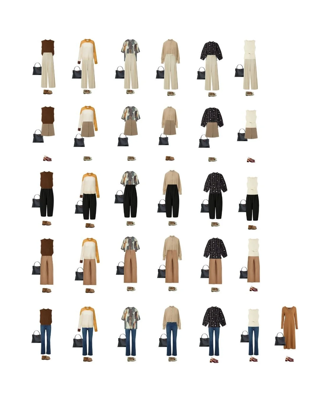 Lookbook grid of 31 smart casual capsule wardrobe outfit ideas, mixing camel, cream, black, graphic prints, and interchangeable shoes.