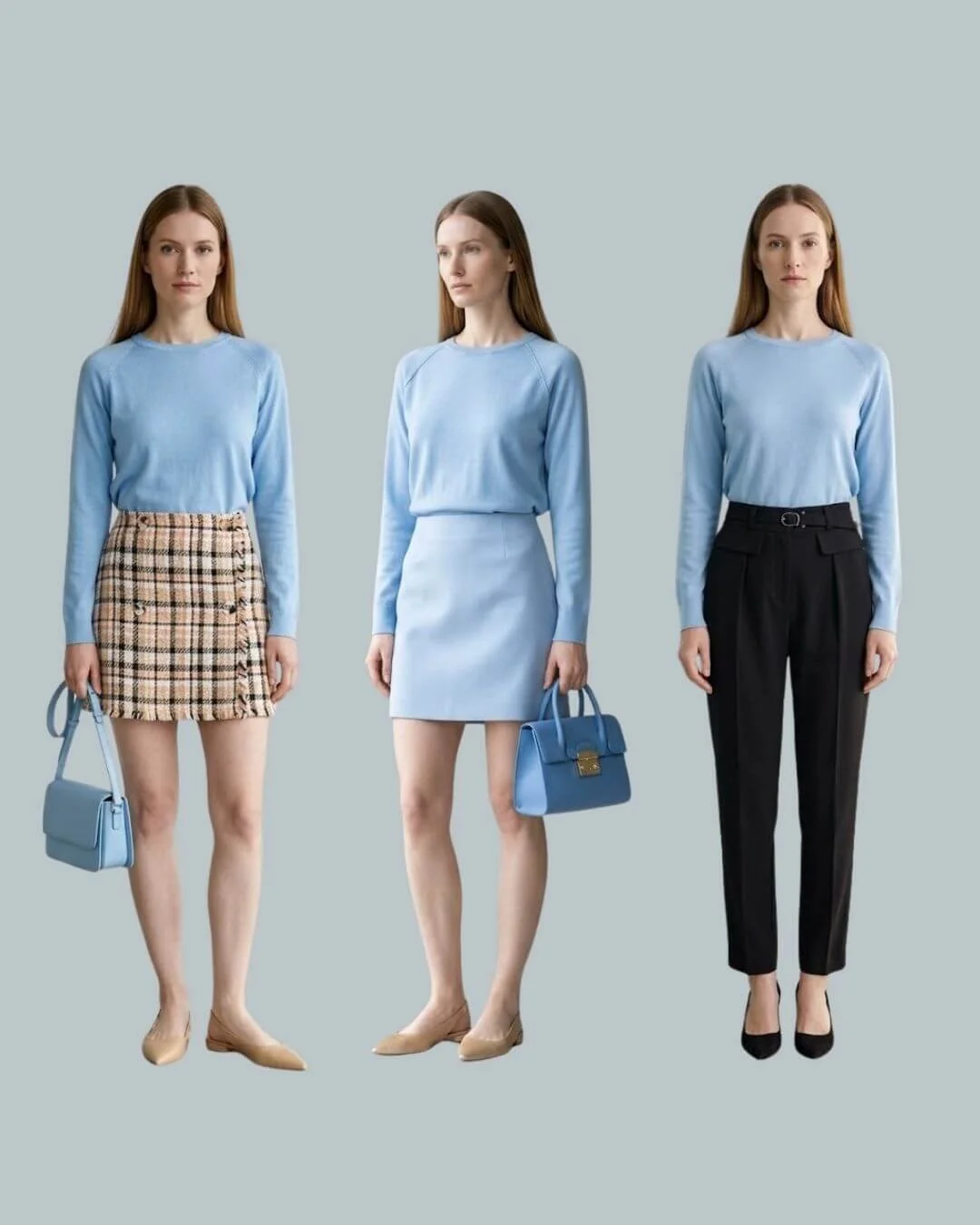 Blue cropped sweater styled three ways for a petite capsule wardrobe: with plaid mini skirt and blue bag, paired with matching blue skirt for a monochromatic look, and worn with black trousers and black flats