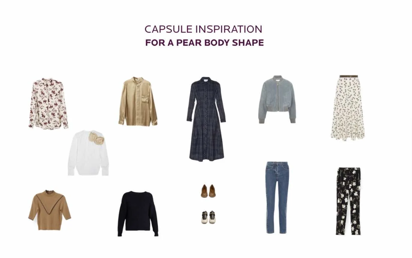 Ten-piece pear body shape capsule wardrobe flatlay showing tops, bottoms, dress, and jacket