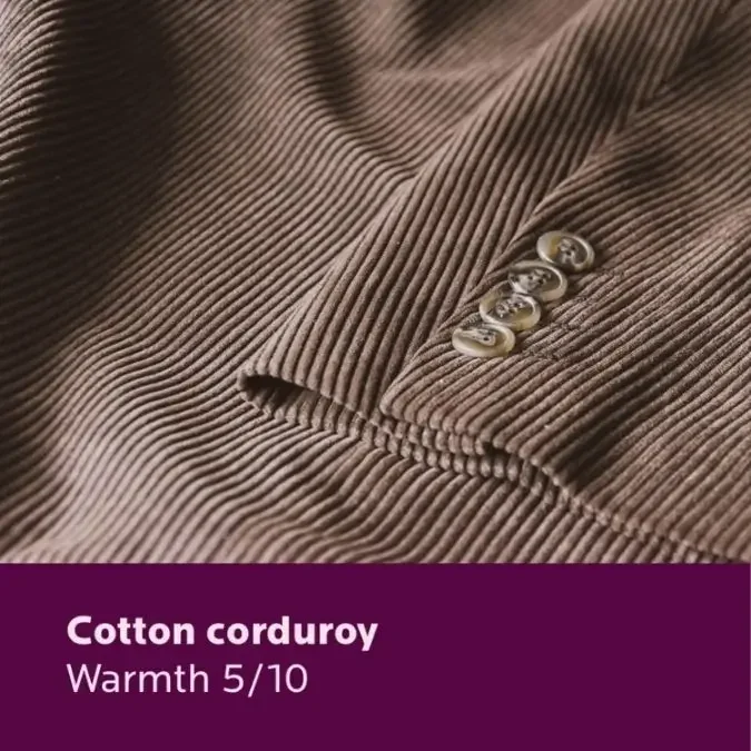 Cotton corduroy warmth rating showing medium insulation due to its ribbed structure.