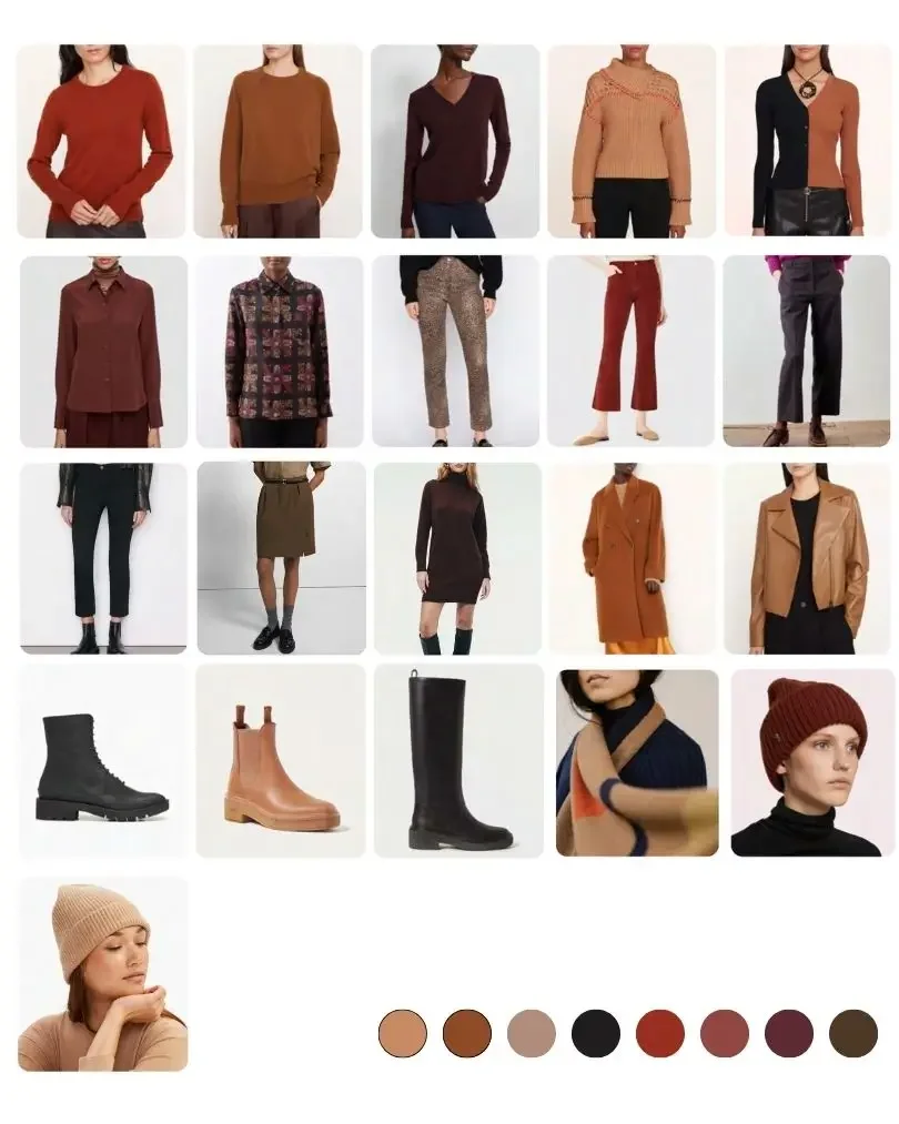 A fall–winter capsule wardrobe layout featuring tops, bottoms, jackets, boots, and accessories in earth tones.