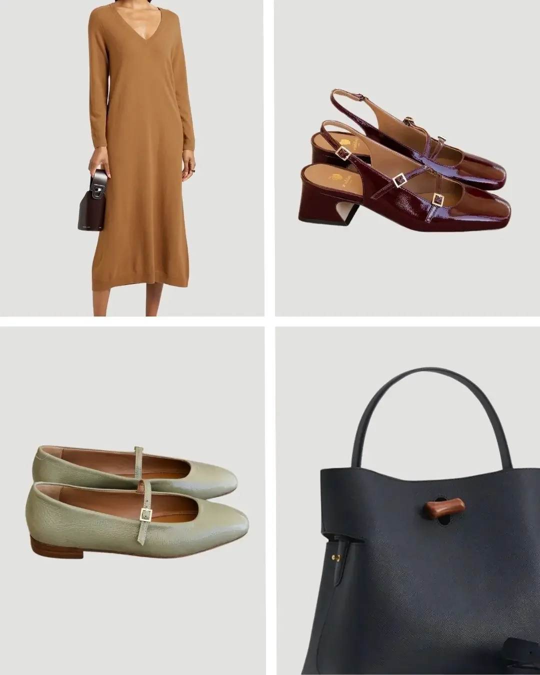 Smart casual capsule wardrobe finishing pieces with a camel knit dress, burgundy slingback heels, sage green flats, and a structured black handbag.
