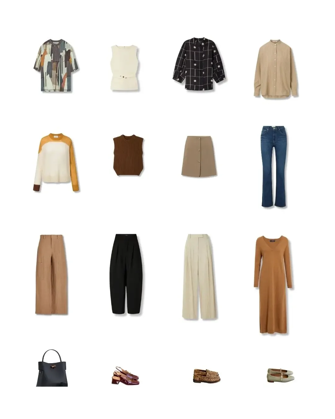 Smart casual capsule wardrobe item list showing tops, bottoms, one dress, three pairs of shoes, and one handbag in a camel, cream, and black palette with prints.
