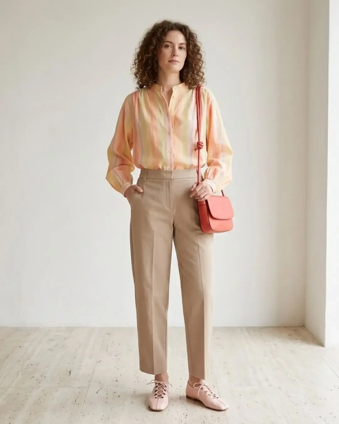 Spring outfit idea — warm-gradient striped blouse, camel high-waisted trousers, coral crossbody bag and pink flats against a quiet neutral base.
